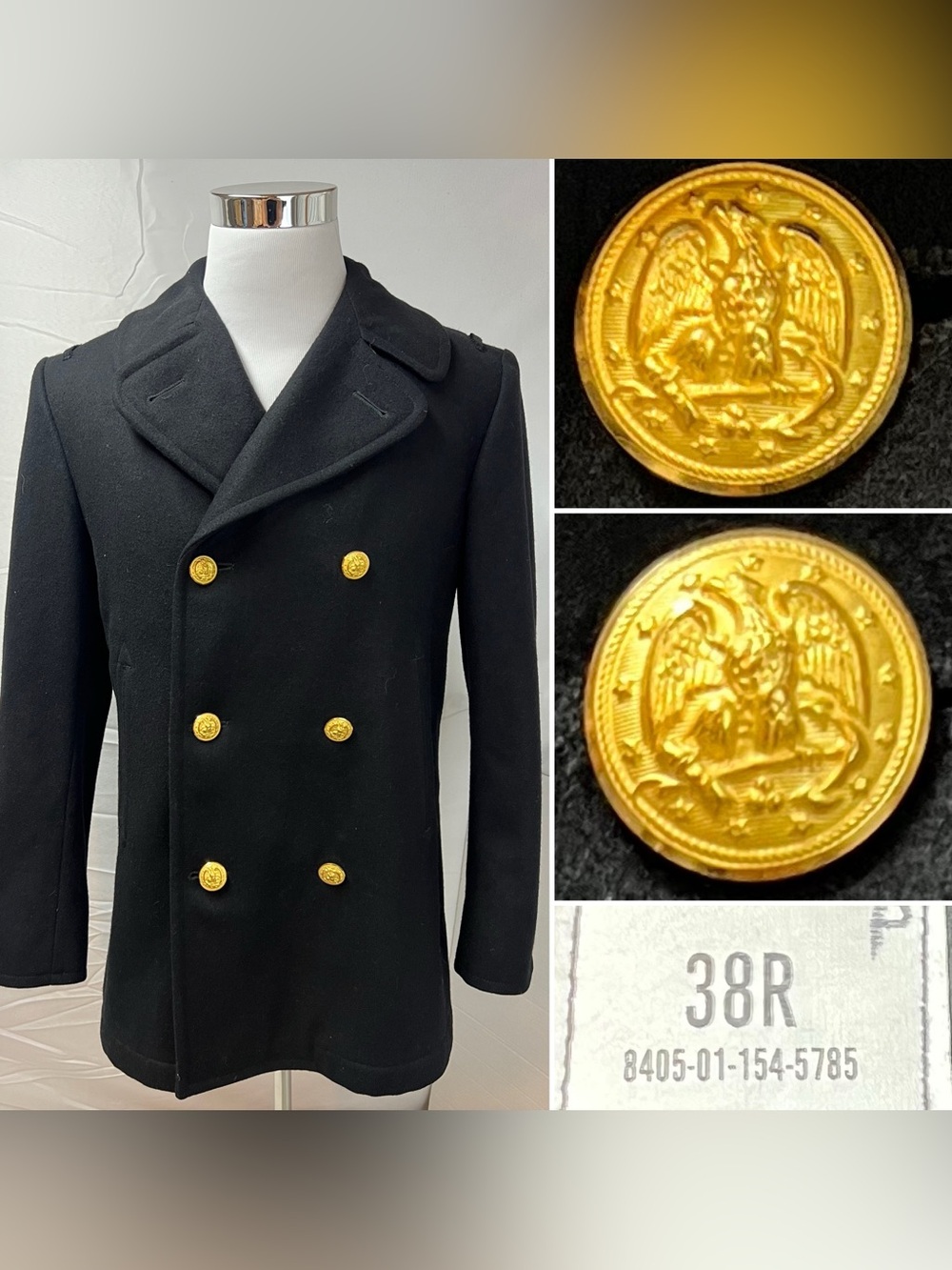 Vintage Men’s 38R US Navy 1980s Double Breasted Wool Pea Coat Reefer Overcoat